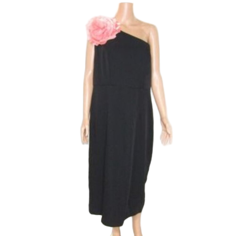 Mac Duggal Women’s Crepe One-Shoulder Midi Dress with Flower – Black – Size 14
